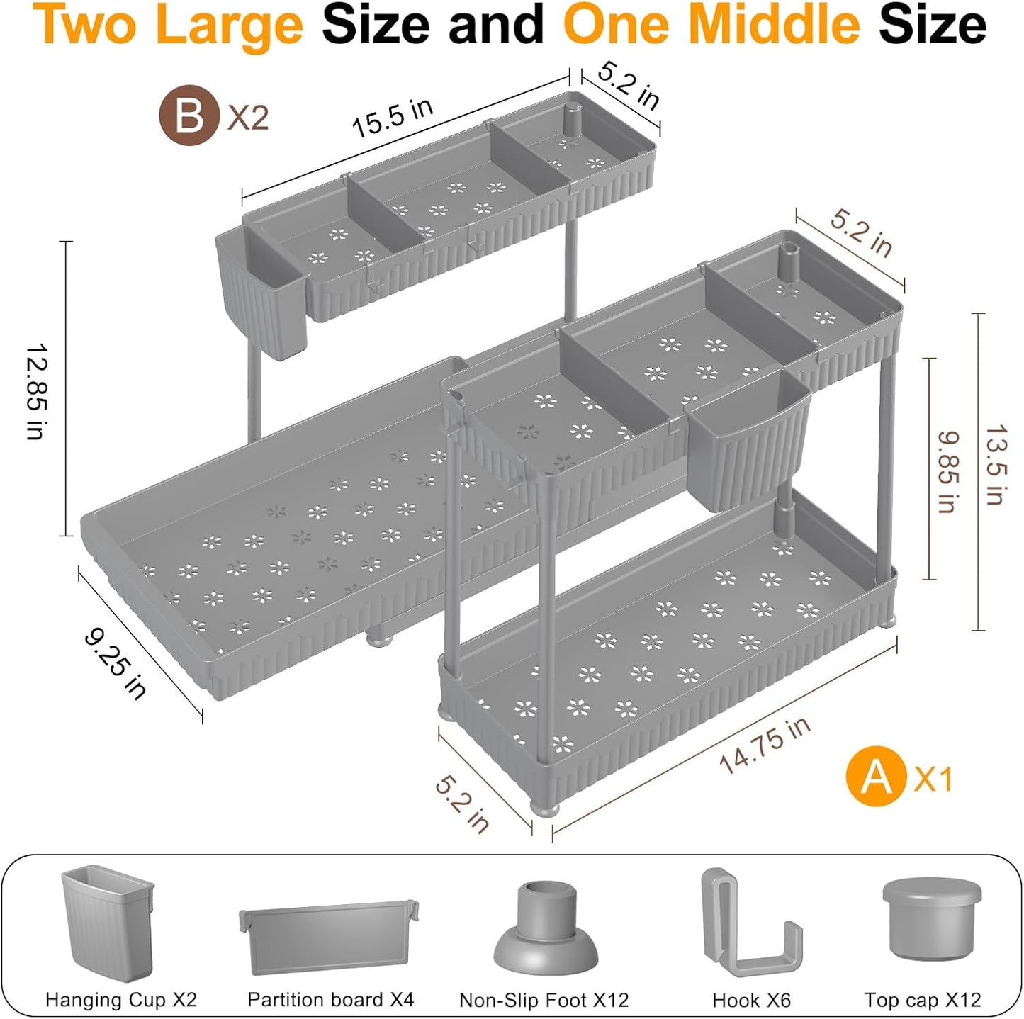 Sevenblue L-Shaped Pull-Out Storage Organizers, 3 Pack (Black, 12.85 inch)