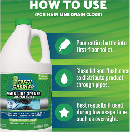 Green Gobbler Ultimate Main Drain Opener | Drain cleaner Hair Clog Remover | Works On Main Lines, Sinks, Tubs, Toilets, Showers, Kitchen Sinks | 64 fl. oz.