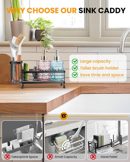 Kitchen Sink Caddy with Water Absorbent Diatomite Stone Sink Tray, Fast Drying Sink Organizer with High Dish Brush Holder Sponge Holder for Kitchen Sink, Stainless Steel