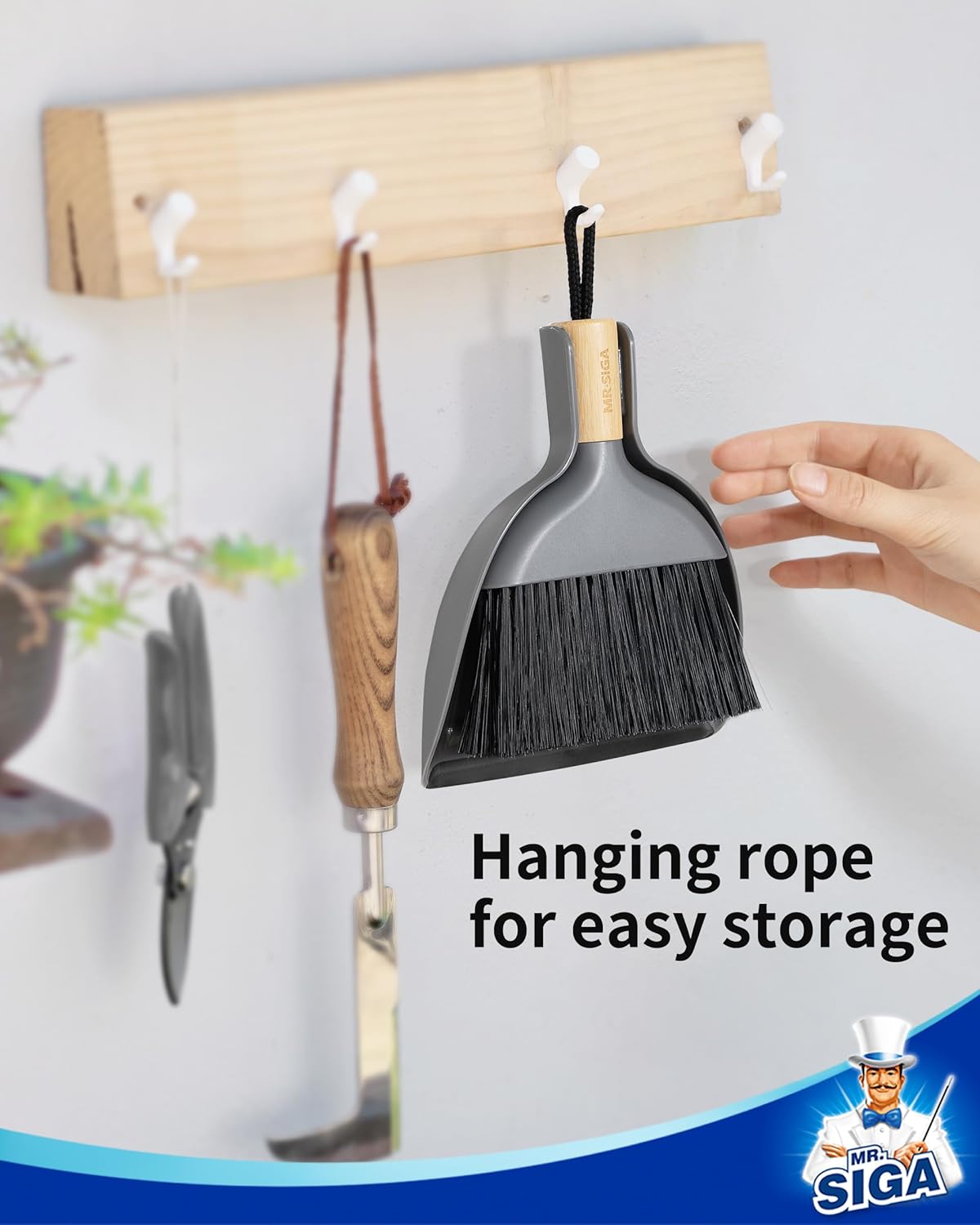 MR.SIGA Mini Dustpan and Brush Set, Portable Cleaning Brush and Dustpan Combo with Bamboo Handle, Black, 1 Set