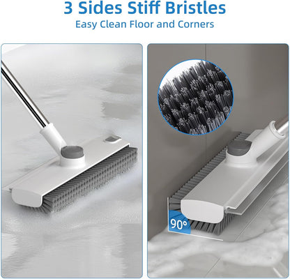 Scrub Brush with Long Handle, Floor Scrub Brush Squeegee Broom for Cleaning, 3 in 1 Shower Scrubber Floor Broom Squeegee for Concrete Tile Wall Deck Patio White