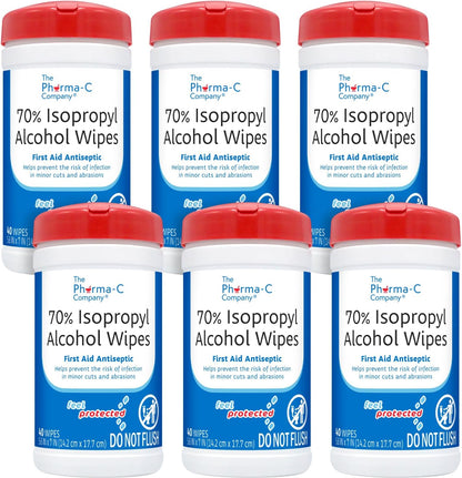 The Pharma-C Company -70% Isopropyl Alcohol Wipes [6 pack - 40ct Canisters] - Bulk IPA First Aid Antiseptic Wound Cleaner with Moisture Lock Lid. For minor cuts, scrapes, and burns.