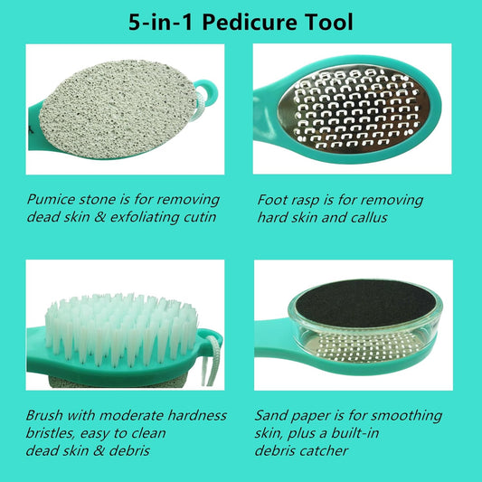 Foot File Callus Remover 5-in-1, 2 Pcs Feet Scraper Pedicure Tools with Pumice Stone, Scrubber Brush, Stainless Steel Foot Rasp and Sand Paper Debris Catcher, Multi Purpose, Cyan