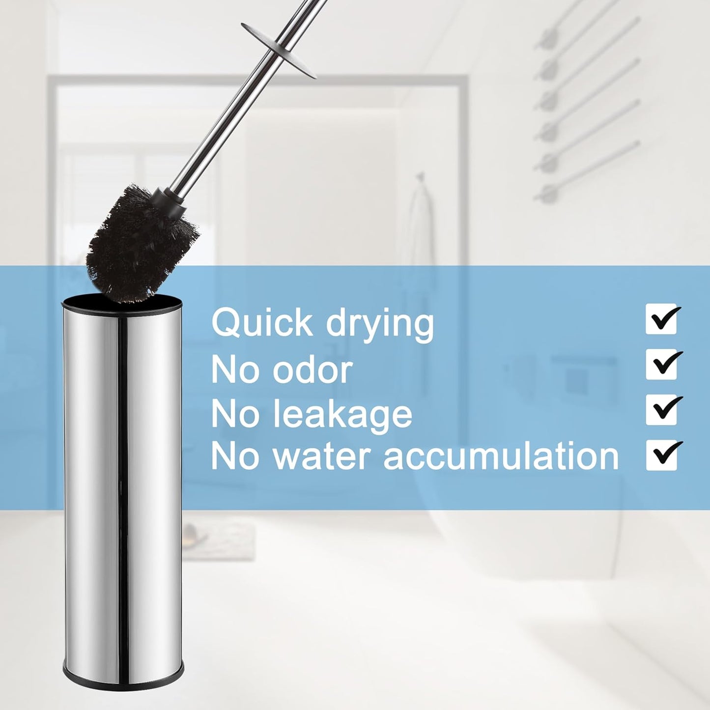 BGL Stainless Steel Toilet Brush with Holder, 2 Black Bristle Heads
