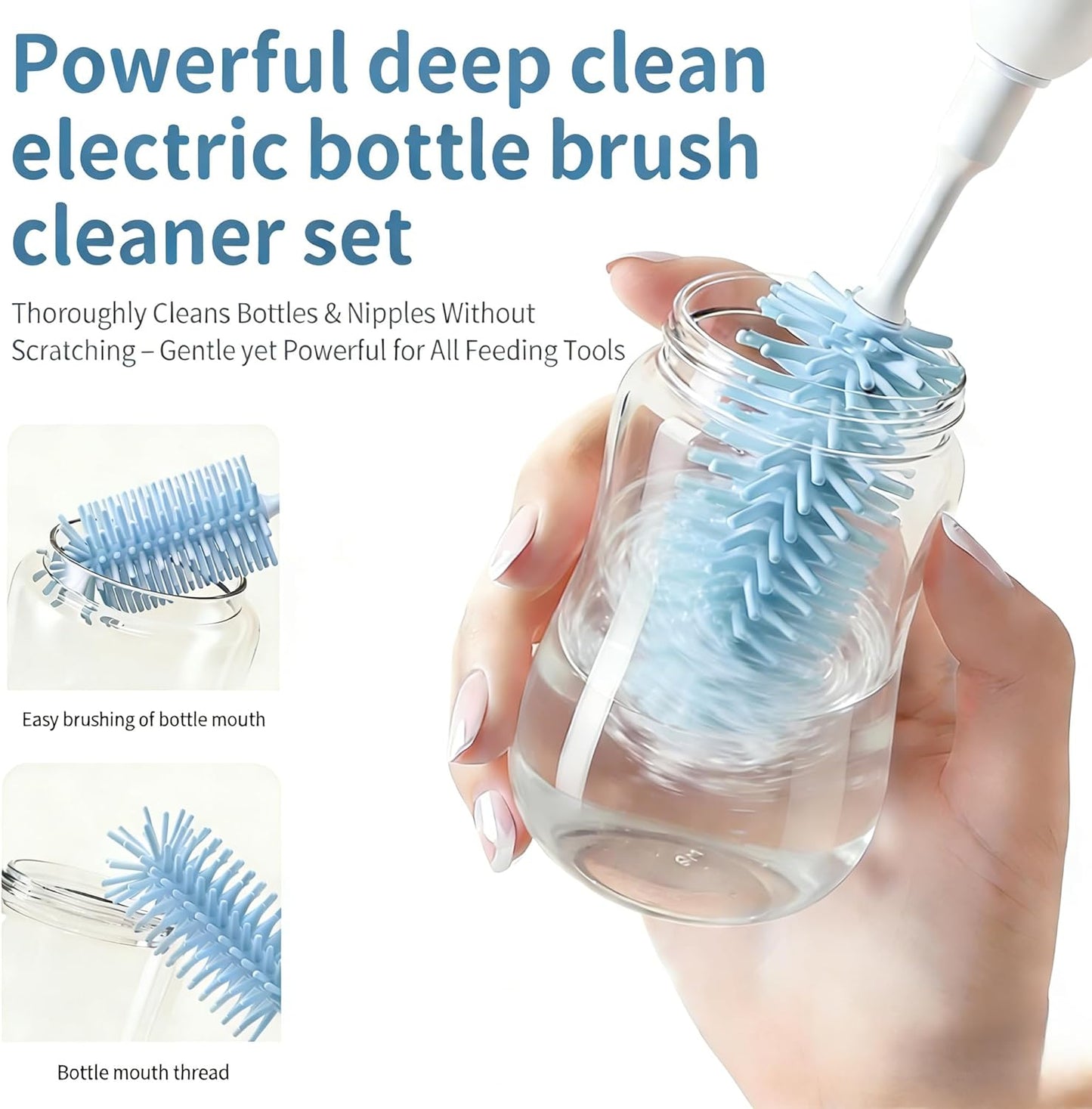 Portable Electric Silicone Bottle Brush Set, 7-in-1 UV Light USB Charging, Nipple/Straw Cleaner, Milk Mixer, Built-in Drying Rack & Storage Case, BPA-Free, IPX7, On-the-Go for New Parents (Mint)