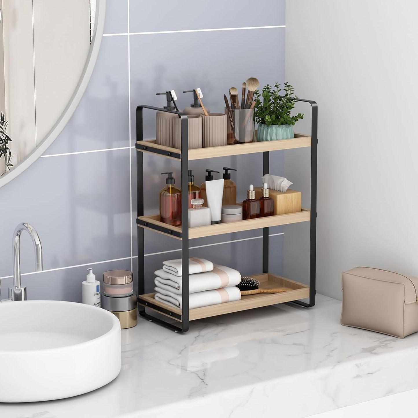 HNRLOY Bathroom Counter Organizer,Bathroom Countertop Organizer,Counter Shelf,Countertop Storage,Organization and Storage,Makeup Shelf,Sink Caddy(Brown 3 Tier)