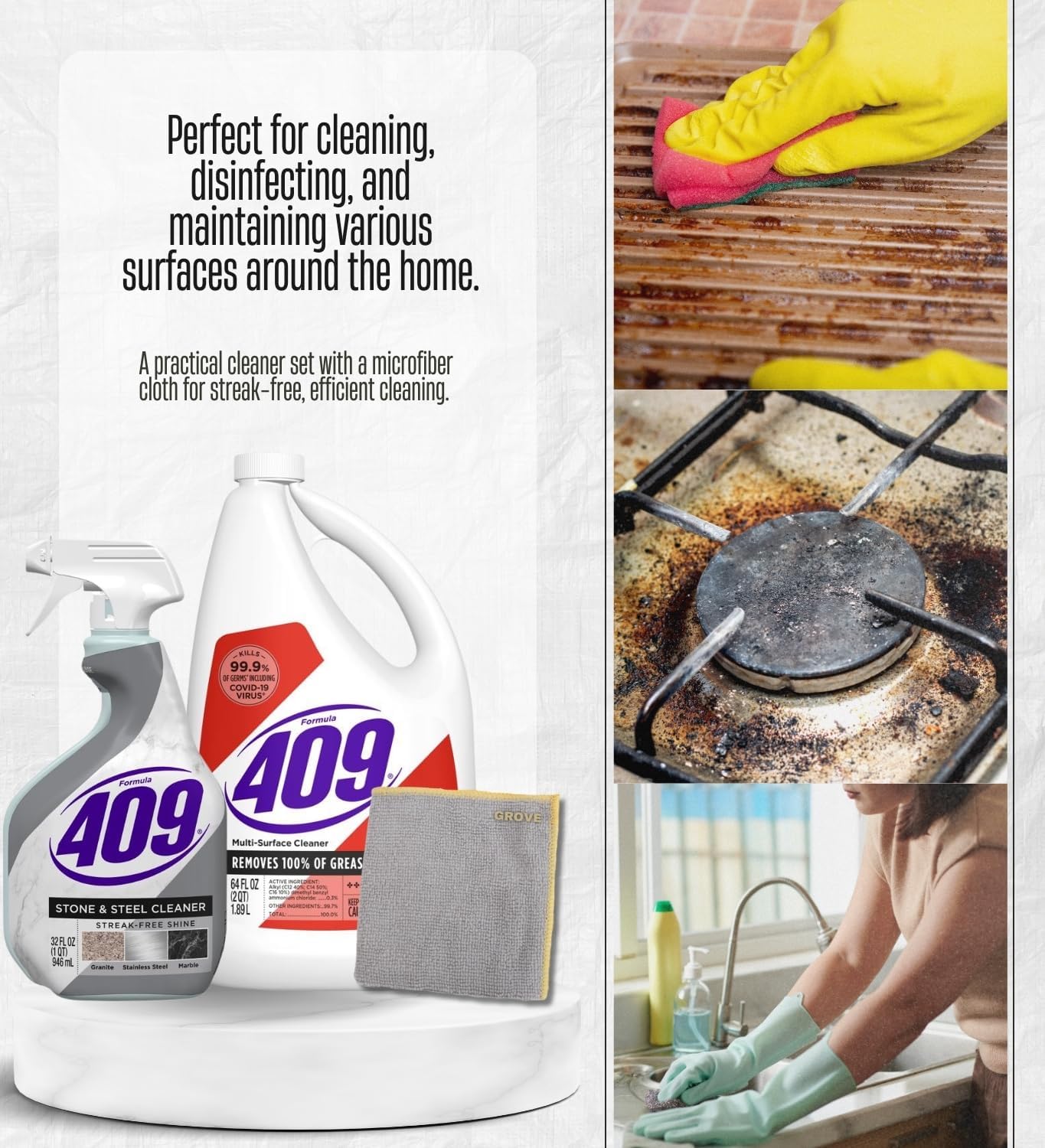 Formula 409 Stone/Steel Cleaner 32 oz Spray and Formula 409 Original Scent Multi-Surface Cleaner Liquid 64 oz Bundle with Microfiber Auto Cleaning Cloth – Stone and Countertop Care Gift Set (3 Items)