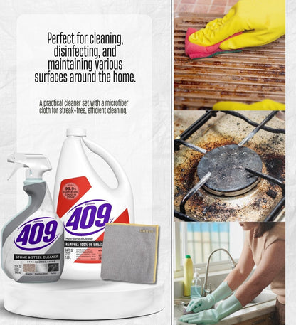 Formula 409 Stone/Steel Cleaner 32 oz Spray and Formula 409 Original Scent Multi-Surface Cleaner Liquid 64 oz Bundle with Microfiber Auto Cleaning Cloth – Stone and Countertop Care Gift Set (3 Items)