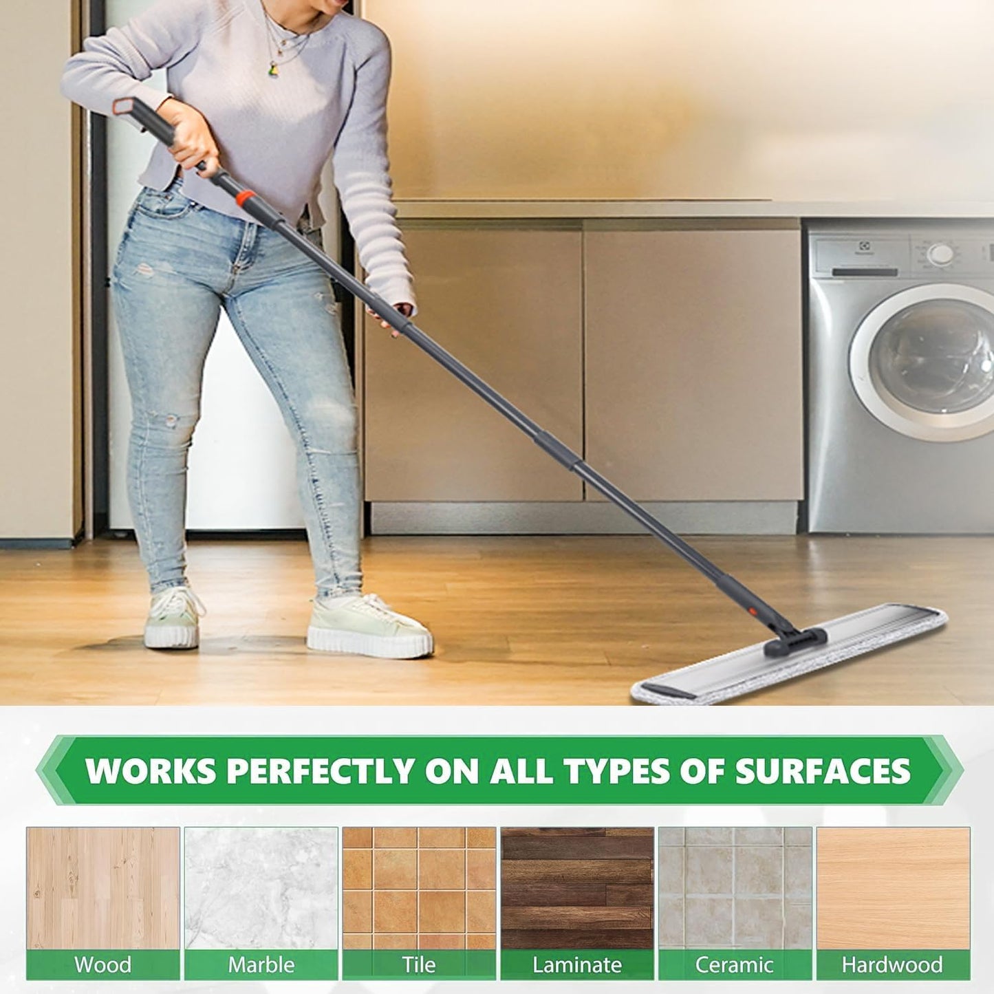 2-in-1 Microfiber Mop for Wet & Dry Use, 15-Inch with 4 Washable Pads, Adjustable Handle for Effortless Deep Cleaning and Floor Protection