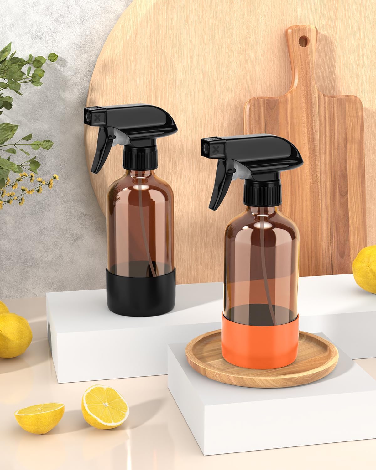 Bontip Glass Spray Bottle with Silicone Sleeve Protection, Amber Glass Spray Bottle Set for Window Cleaner Aromatherapy Facial Hydration Watering Flowers Hair Care 2 Pack/16 oz (Black & Brown)
