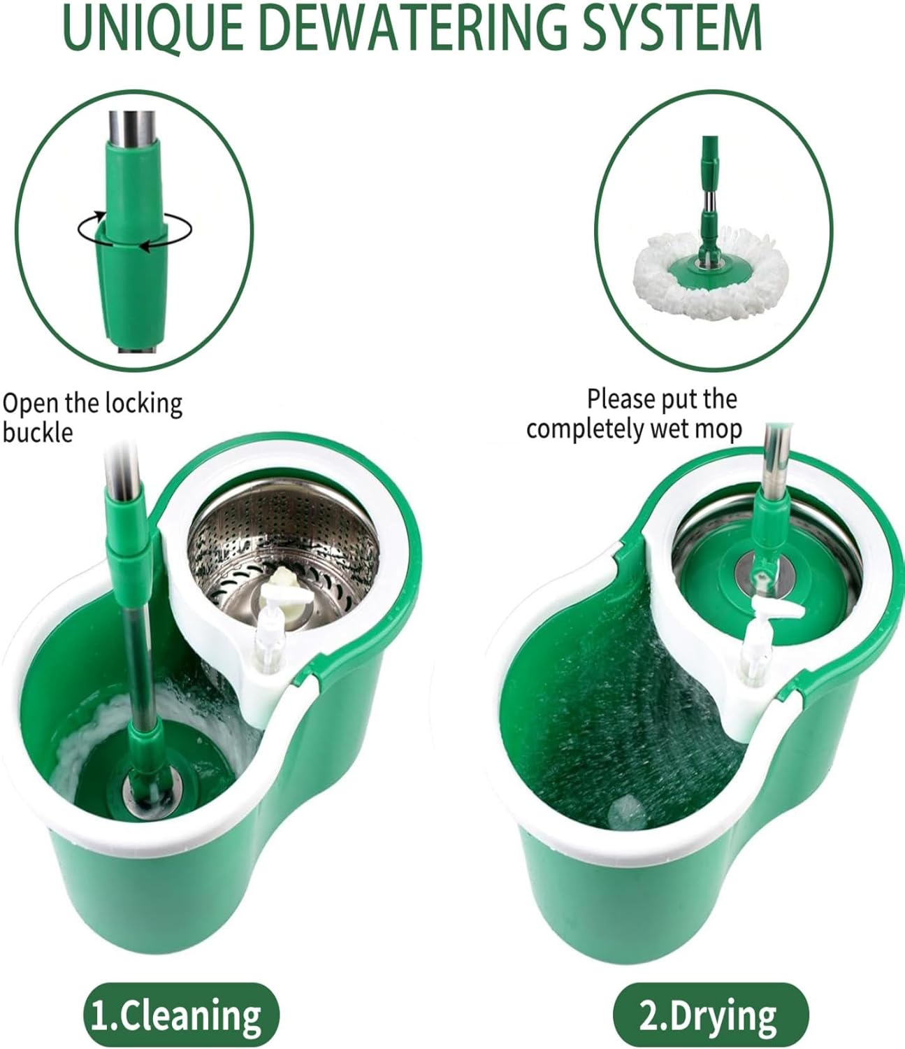Hand Free Household Mop and Bucket with Wringer Set,Operable 360 ° Rotating Mop Bucket Set with 3 Microfiber Replacement Head and Stainless Steel 56" Extended Handle for Office and Home use(Green)