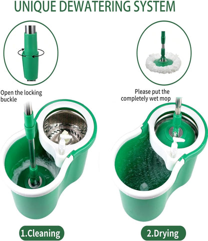 Hand Free Household Mop and Bucket with Wringer Set,Operable 360 ° Rotating Mop Bucket Set with 3 Microfiber Replacement Head and Stainless Steel 56" Extended Handle for Office and Home use(Green)