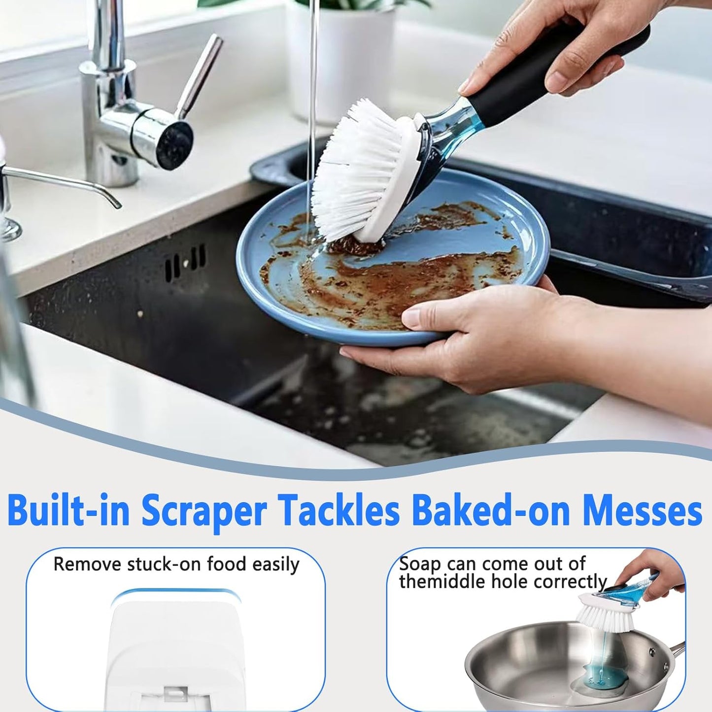 Dish Brush Refills, Dish Scrubber Replacement Heads Compatible with OXO Soap Dispensing Dish Brush, Nylon Bristles with Built-in Scraper, Suitable for Non-Stick Cookware, 2 Pack