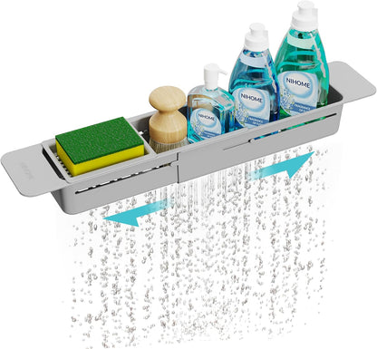 NiHome Extendable Over Sink Kitchen Organizer, Small Telescopic Brush Storage Rack for Sponge, Non-Slip Pads Expandable Sink Caddy, Adjustable Sponge/Brush Rack with Drainage Durable ABS (Black)