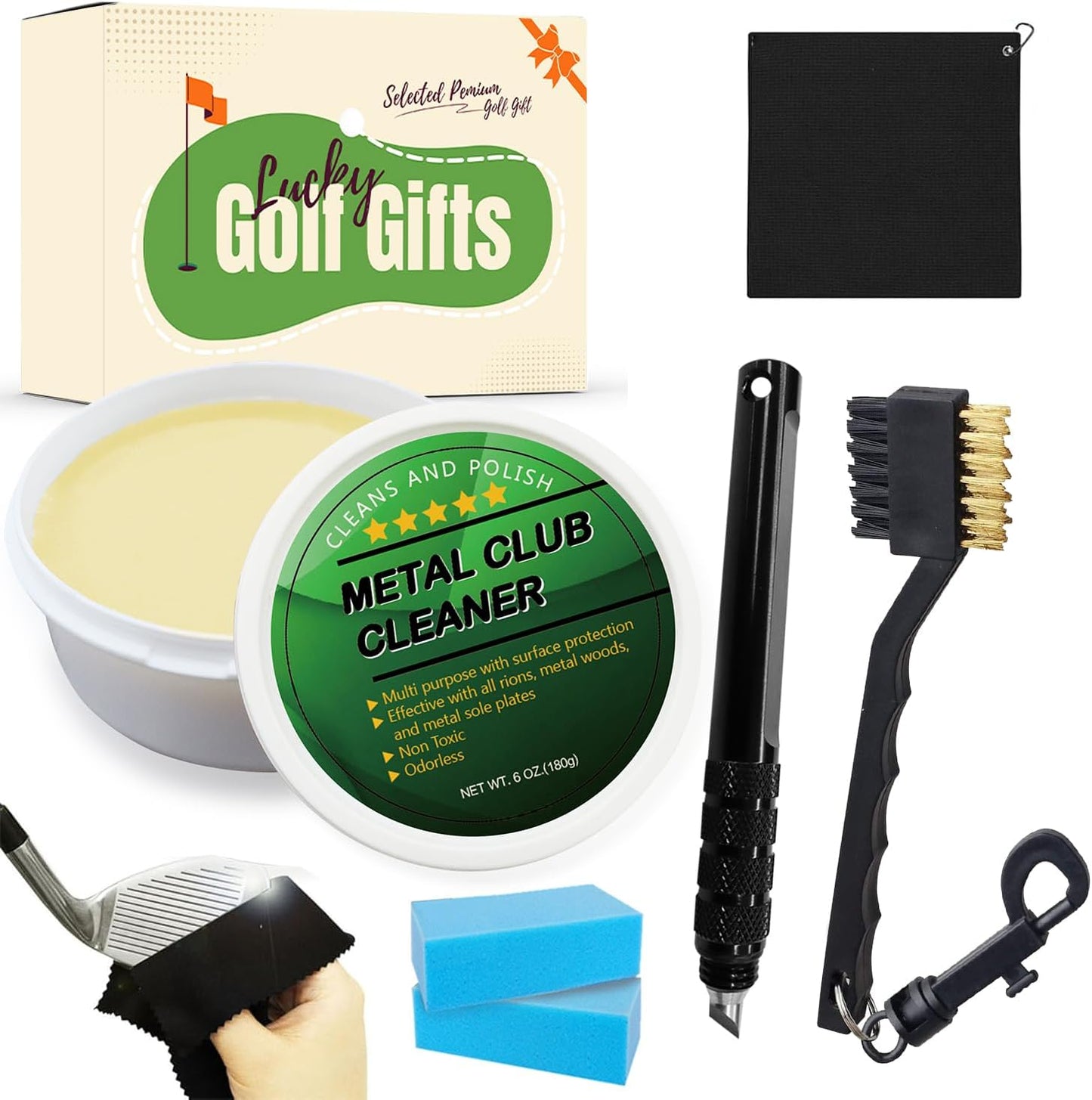 Golf Iron Polishing Kit Club Cleaner Polish Cleaning Solution Golf Club Care Set Golf Brush Cleaner Sponge Value Pack