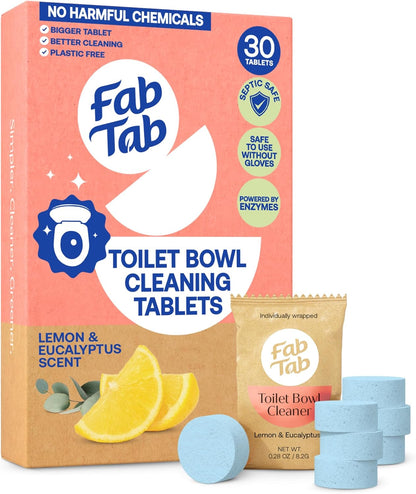 Fab Tab Toilet Bowl Cleaner Tablets, Powerful Stain Removal, No Harsh Chemicals, Plastic-Free, Removes Rust & Stains, Safe for Regular and Septic Tank Toilets, Lemon & Eucalyptus Scent