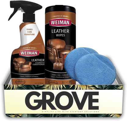 Weiman Leather Cleaner and Conditioner Couch 12 oz Liquid Bundle with Leather Wipes + Microfiber Towel – Cleans, Moisturizes, and Protects Surfaces from UV Damage – Gift Set (3 Items)