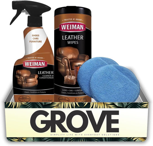 Weiman Leather Cleaner and Conditioner Couch 12 oz Liquid Bundle with Leather Wipes + Microfiber Towel – Cleans, Moisturizes, and Protects Surfaces from UV Damage – Gift Set (3 Items)