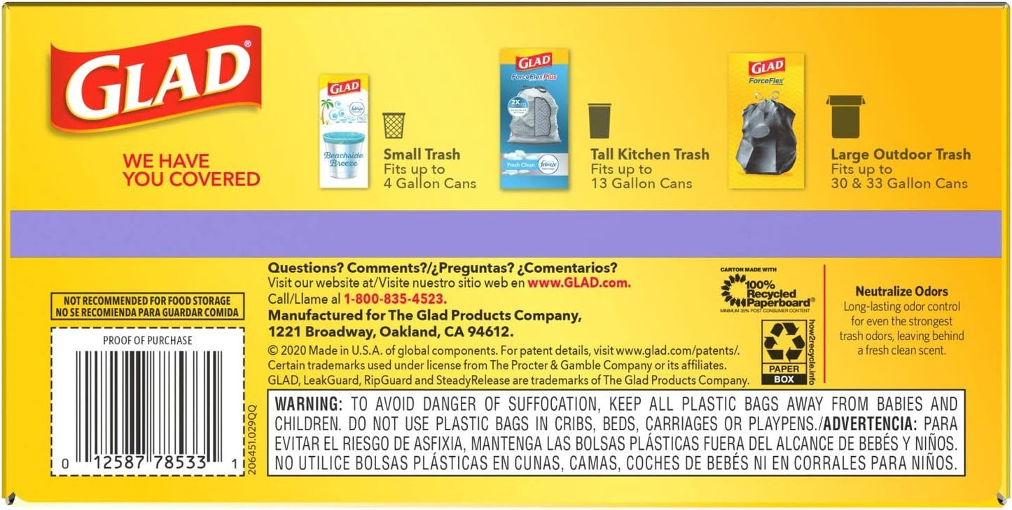 Glad ForceFlex Tall Kitchen Trash Bags, 13 Gal, Gain Lavender with Febreze, 110 Ct (Pack May Vary)