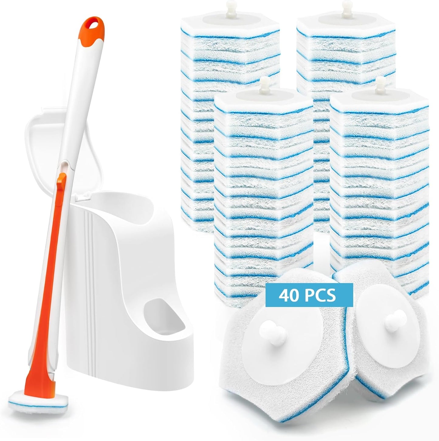 JEHONN Disposable Toilet Brush with 48 Wand Cleaner Refills, Wall Mounted Toilet Bowl Brush Holder Set, Bathroom Cleaning System for Sink Bathtub Wash Basin (Blue)