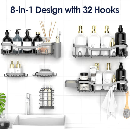 NESOMI Shower Caddy Adhesive Shower Organizer 7-Pack, Rustproof Stainless Steel Bathroom Shelves, Large Capacity No-Drill Rack Storage Accessories with Soap Dish Toothbrush Holder &24 Hooks Home Decor