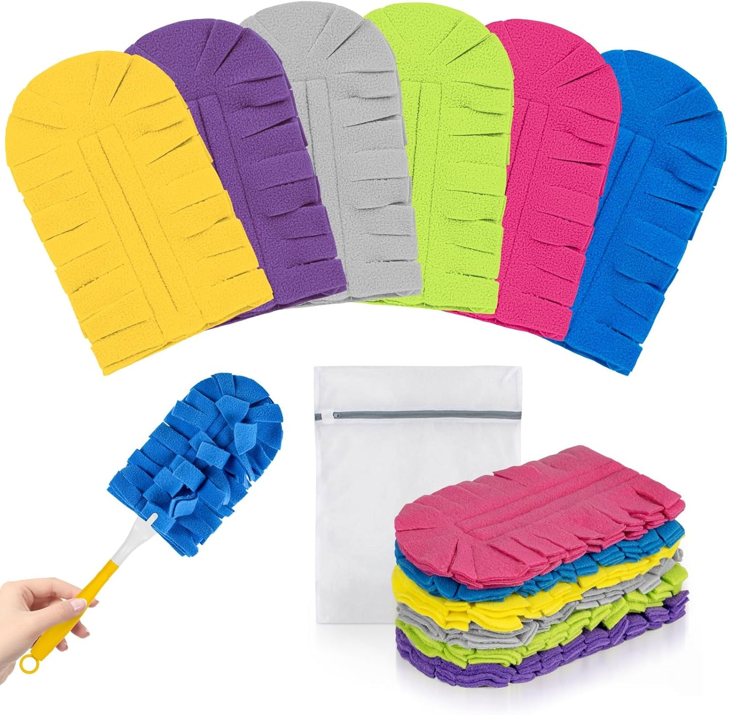 6 PCS Fleece Reusable Duster Refills for Swiffer, Washable 360 Dusters for Cleaning, Fans, Floors, Blinds, Windows (Include 1 Handle & Laundry Bag)