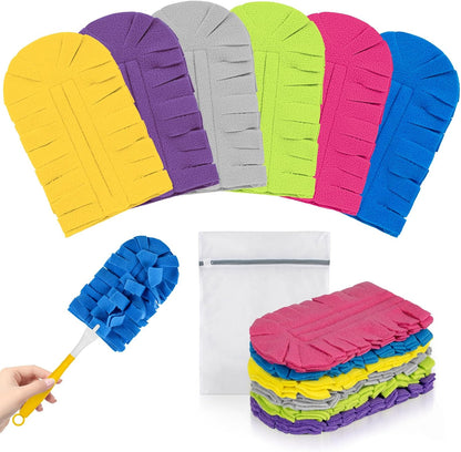 6 PCS Fleece Reusable Duster Refills for Swiffer, Washable 360 Dusters for Cleaning, Fans, Floors, Blinds, Windows (Include 1 Handle & Laundry Bag)