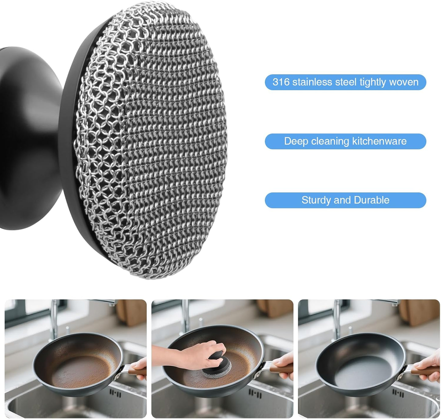 Cast Iron Scrubber Cleaner, Chainmail Scrubber for Cast Iron Pan Skillet, Dish Scouring Pad, 316 Stainless Steel Brush/Scraper for Metal Skillet Scrubbing, Wok, Dutch Oven Cleaning Kit - Thin Mesh