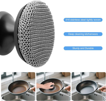 Cast Iron Scrubber Cleaner, Chainmail Scrubber for Cast Iron Pan Skillet, Dish Scouring Pad, 316 Stainless Steel Brush/Scraper for Metal Skillet Scrubbing, Wok, Dutch Oven Cleaning Kit - Thin Mesh
