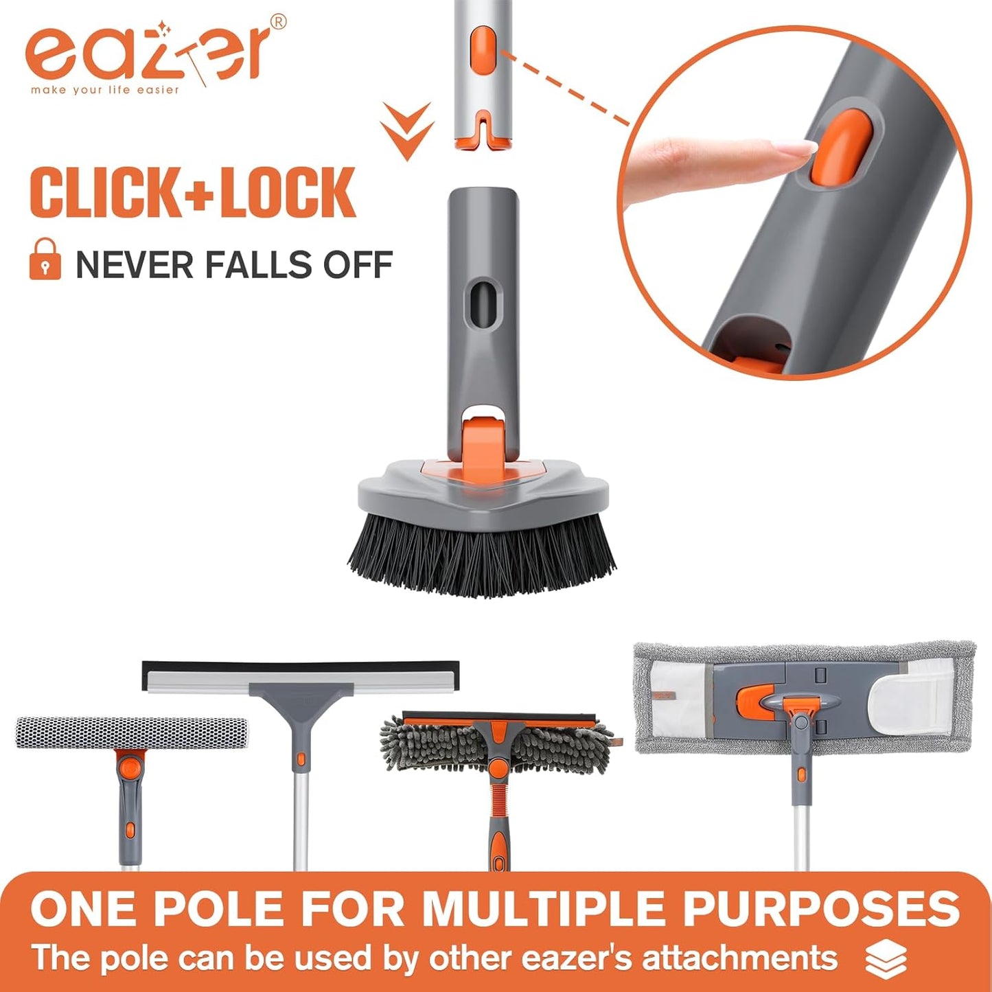 Eazer 4-in-1 Long-Handled Tub Scrubber-Versatile Bathroom Cleaning Brush with Shower Scrubber-Ideal Shower Cleaner Brush for Efficient Cleaning-Long Handle Scrub Brush for Shower, Tub, and Bathroom