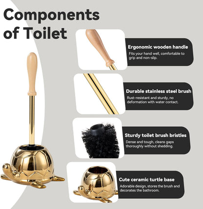 Turtle Base Toilet Brush Set - Gold Ceramic Toilet Scrubber Brush 7.5” Bowl Cleaner with Ergonomic Handle, Mini Cute Bathroom Cleaning Brush - Bathroom Decor