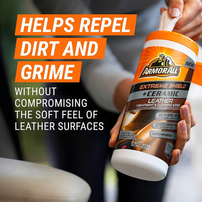 Armor All Ceramic Car Leather Cleaning Wipes, Use on Heated Seats and Leather Surfaces, Includes Extreme Protectant Wipes - 2 Count