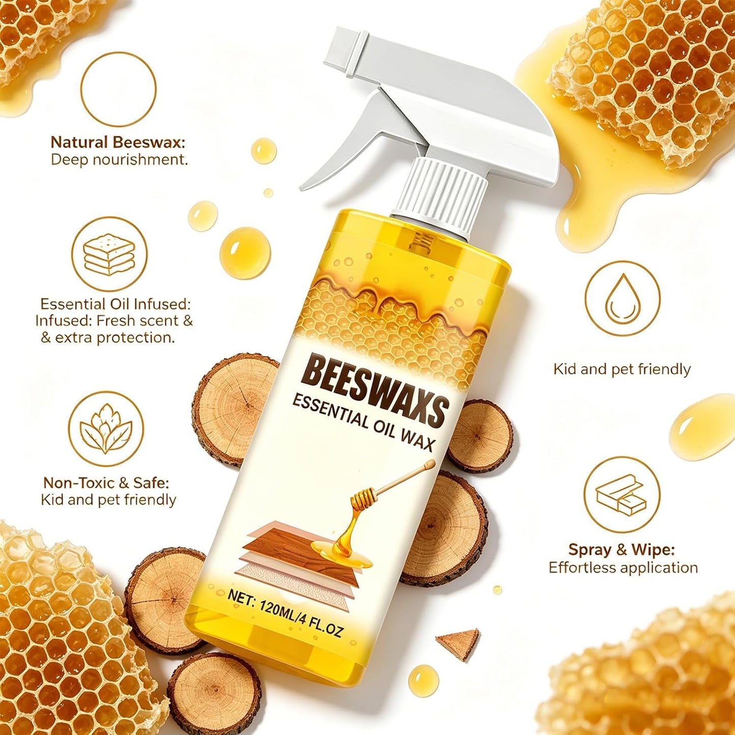 Beeswax Wood Polish Spray, Natural Beeswax Repairing and Care Spray, Bees Wax Furniture Polish and Cleaner, Deep Cleaning Bees Wax for Hardwood Floors & Kitchen Cabinets, Restores Natural Gloss (1Pcs)