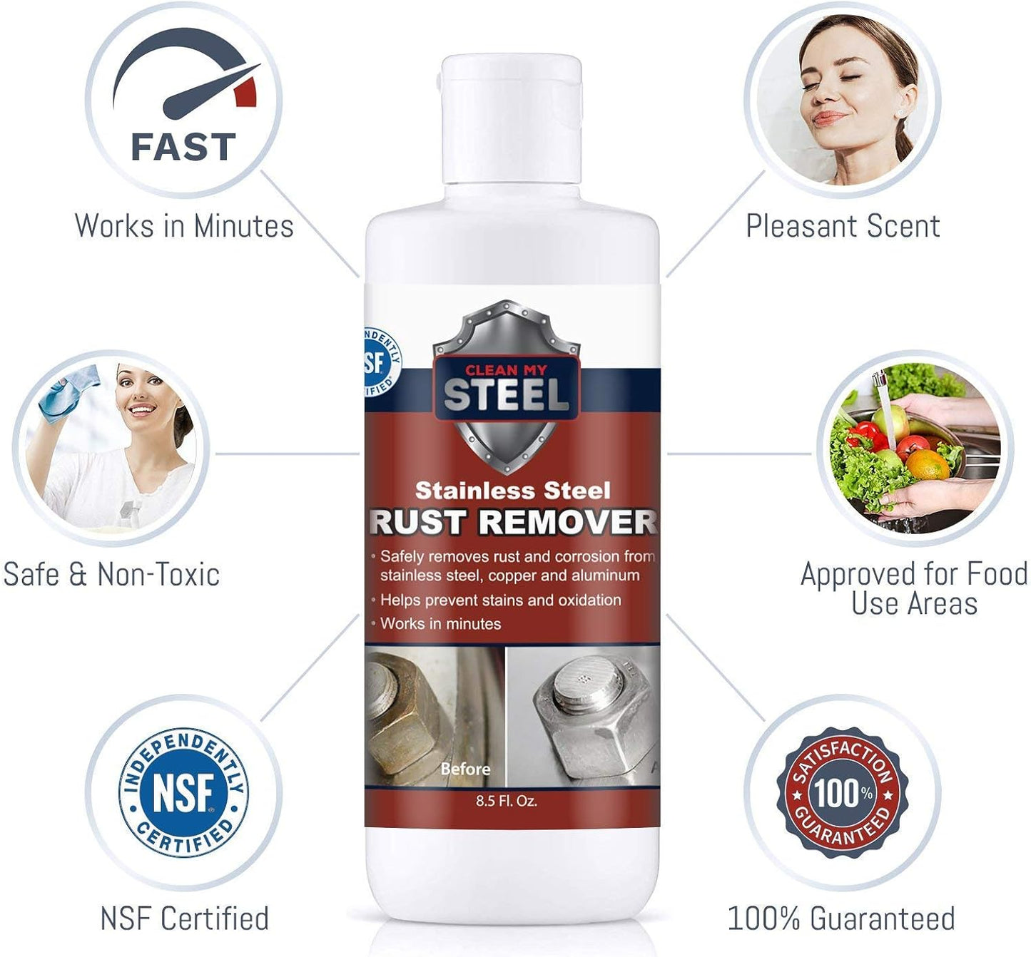 CLEAN MY STEEL Innoshine B570 Stainless Steel Rust Remover and Cleaner, NSF Certified, Approved for Food Contact Areas, 4 oz