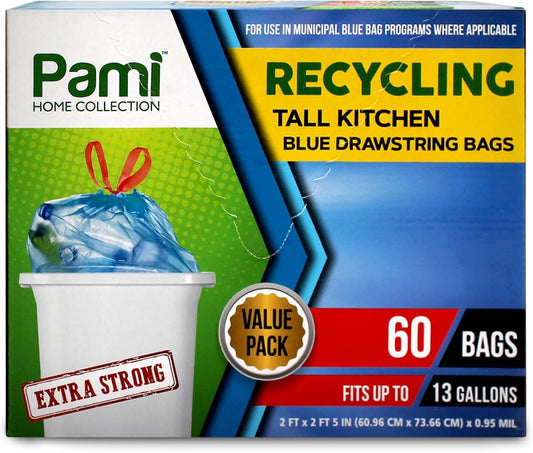 PAMI Recycling Tall Kitchen Drawstring Trash Bags- Extra-Strong Plastic Garbage Bags- Thick Trash Can Liners For Kitchen & Outdoor Bins- 2ft x2ft Unscented Trash Bags (13 Gallon – 60 Count – Clear)