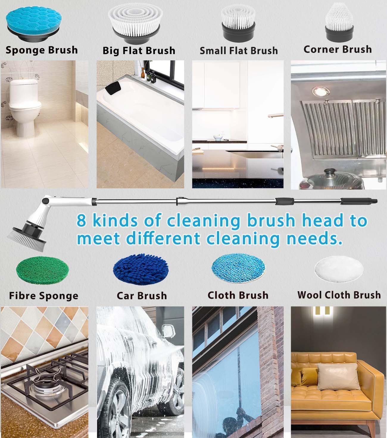 MGLSDeet Electric Spin Scrubber Scrub Brush, Rechargeable Cleaning Brush with 8 in 1 Replaceable Brush Heads, Cordless Power Spin Scrubber 90Mins for Bathroom Shower Bathtub Glass Car
