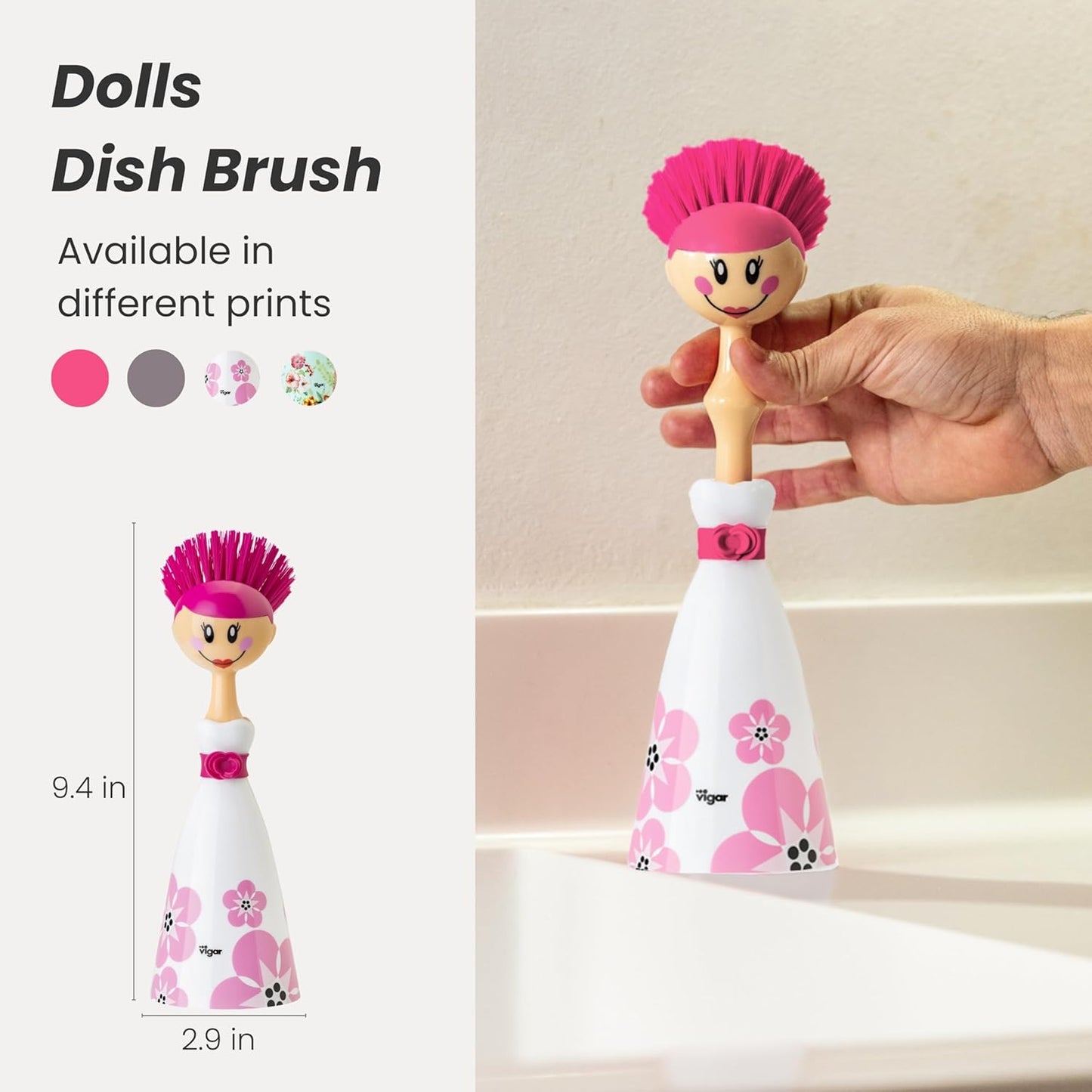 Vigar Dolls Dish Brush with Ergonomic Handle and Dres-shaped Storage Holder - Scrub Brush for Pans, Pots, Kitchen Sink Cleaning, Blue/Pink