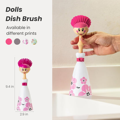 Vigar Dolls Dish Brush with Ergonomic Handle and Dres-shaped Storage Holder - Scrub Brush for Pans, Pots, Kitchen Sink Cleaning, Blue/Pink