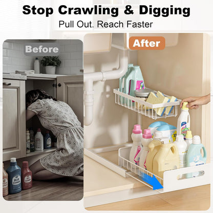 REALINN Under Sink Organizer, L-Shaped 2 Tier Pull Out Cabinet Organizer for Kitchen and Bathroom, Slide Out Under Cabinet Storage, Metal Under Sink Storage with Sliding Drawer, 50 lbs, Black 2 Pack