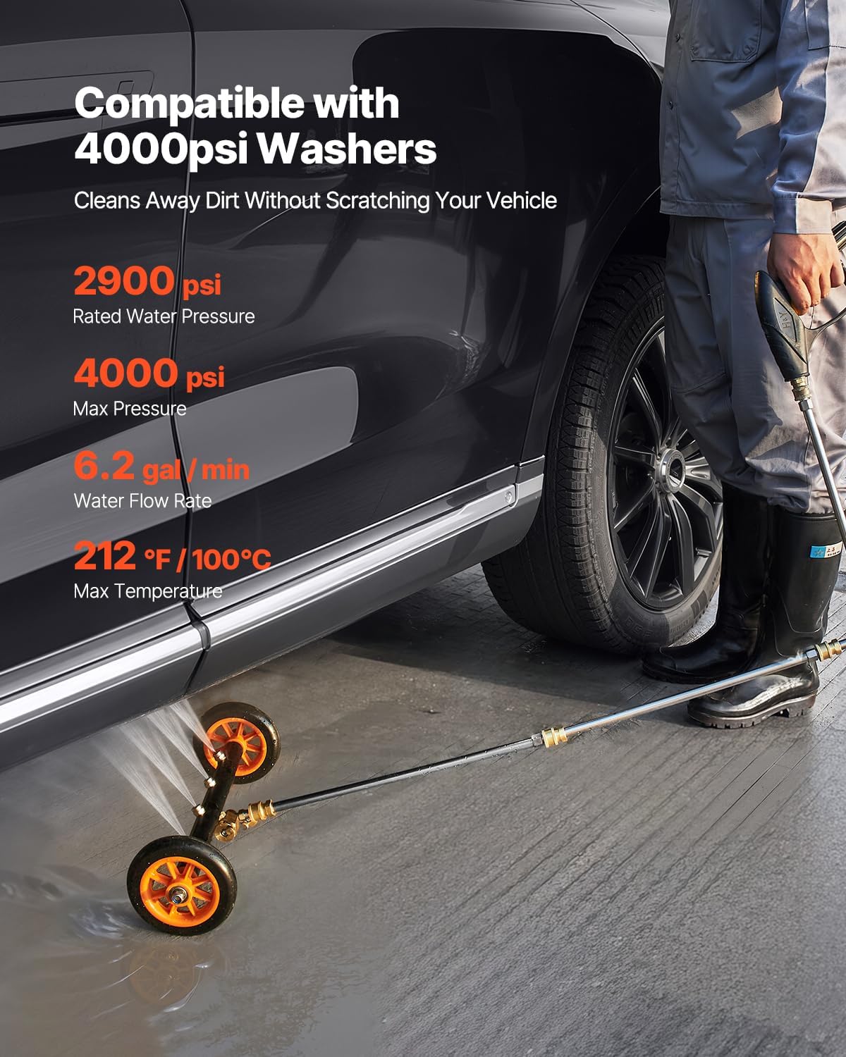 VEVOR 16 Inch Pressure Washer Undercarriage Cleaner, 4000 PSI Stainless Steel Cleaner with Angle Adjustment and 4 Nozzles, with 2 Extended Wands for Driveway, Patio, Deck
