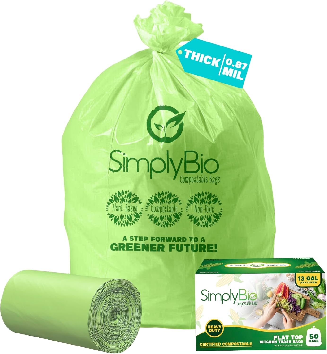 Simply Bio 13 Gallon Compostable Trash Bags Liners Drawstring, Heavy Duty Extra Thick 1 Mil, 49.21 Liter, 30 Bags, Tall Kitchen Food Scrap Waste Bag, ASTM D6400, US BPI and OK Compost Home Certified