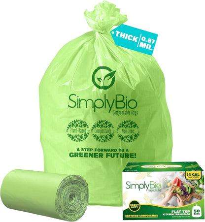 Simply Bio 13 Gallon Compostable Trash Bags Liners Drawstring, Heavy Duty Extra Thick 1 Mil, 49.21 Liter, 30 Bags, Tall Kitchen Food Scrap Waste Bag, ASTM D6400, US BPI and OK Compost Home Certified
