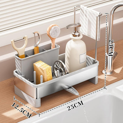 Sponge Holder for Kitchen Sink,Sink Caddy Organizer with Removable Brush Holder,Kitchen Countertop Soap Dispenser Storage with Detachable Towel Rack,Black