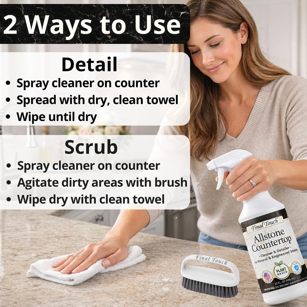 Final Touch AllStone Countertop Cleaner – Plant-Based Stone Safe Cleaning Spray with Scrub Brush – Daily Use Cleaner for Granite, Quartz, Marble, Kitchen Counters – Streak-Free Detail Clean