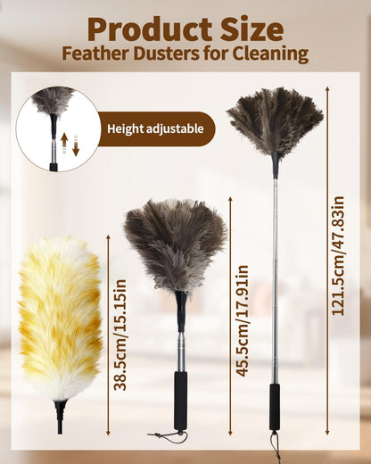 Extendable Ostrich Feather Duster with Bonus Wool Feather Duster Head - Natural Fluffy Non-Slip Handle Feathers Dusters for Cleaning Ceiling Fans, Blinds, Roof Dusting, High Surfaces (18-48 in)