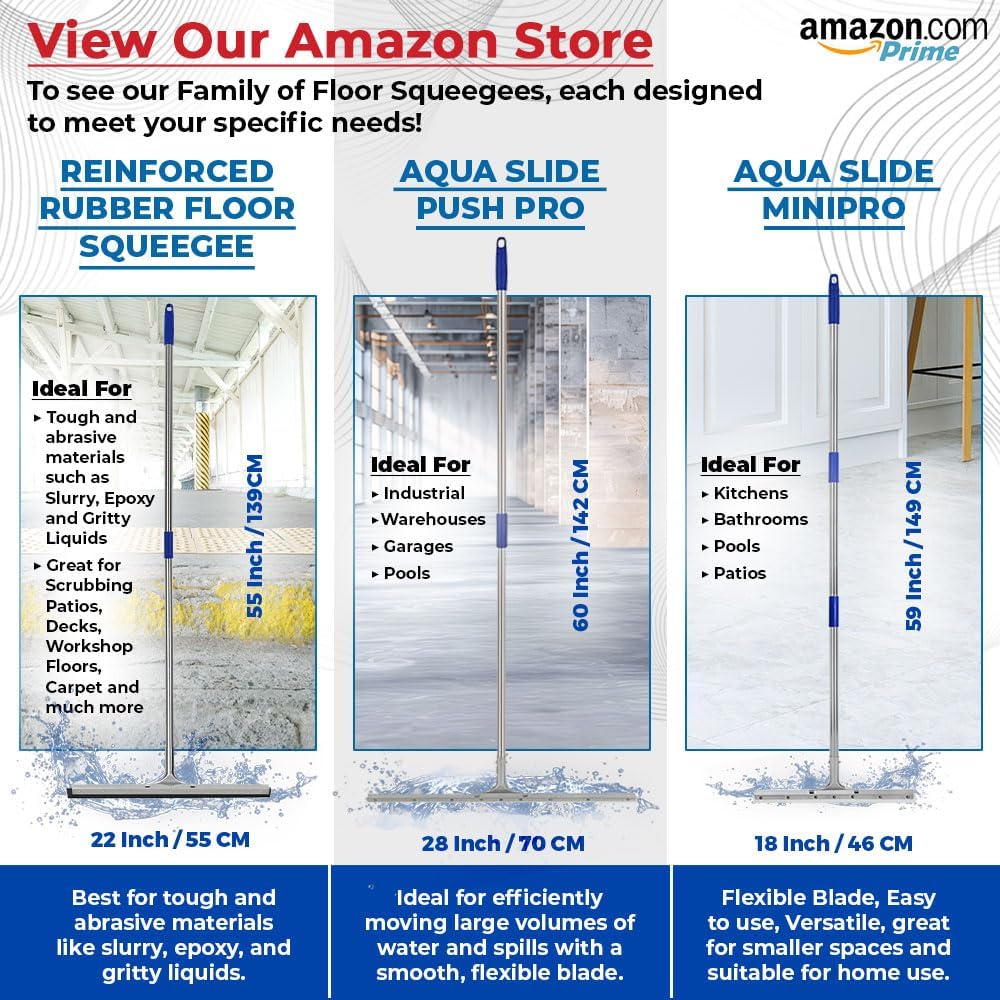 MHM AquaSlide MiniPushPro – 18-Inch Epoxy Squeegee for Shop & Concrete Floors, Tile Floor Wiper with Rubber Blade, Jalador de Agua para Piso