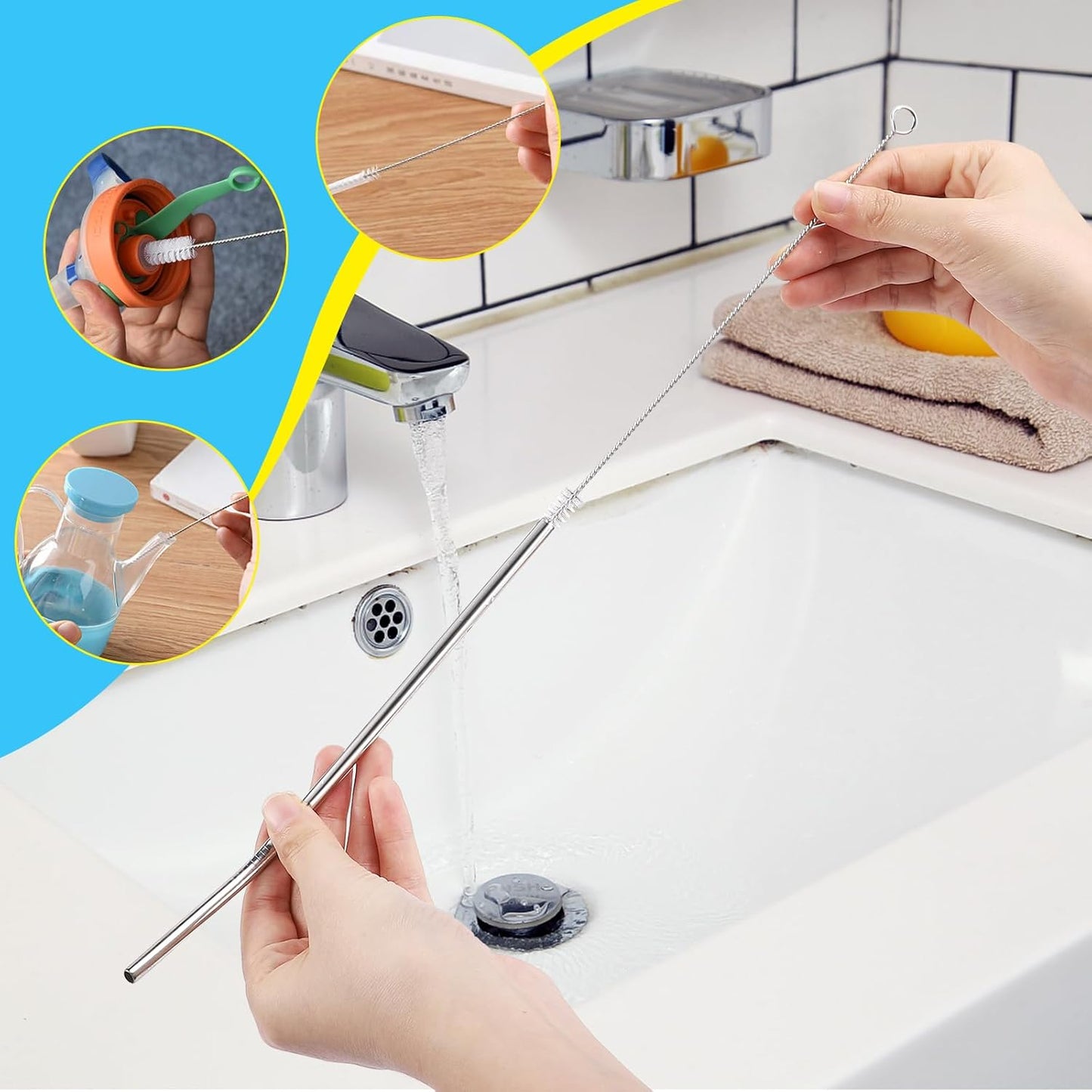 6 Pack Bottle Brush Cleaner Set, Long Handle Stainless Steel Water Bottle Cleaner Brush for Washing Sport Bottles, Narrow Neck Bottle, Baby Bottles, Dish, Flask, Straw, Cup Cover