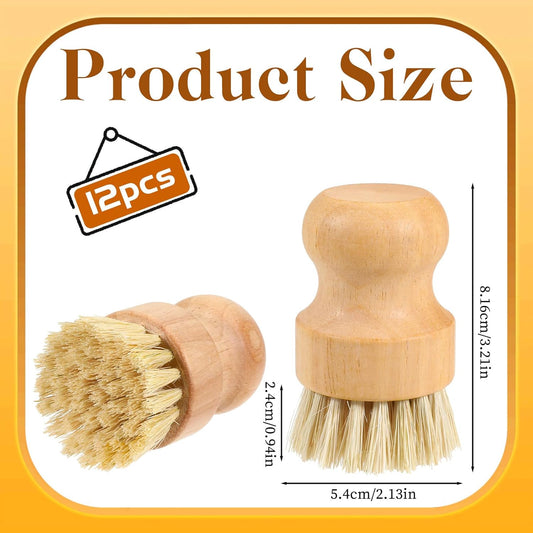 12 Packs Bamboo Dish Scrub Brushes, Full Circle Scrub Brush Wooden Dish Scrubber Brushes with Sisal Bristle for Kitchen Sink Cleaning Cast Iron Pots and Pans