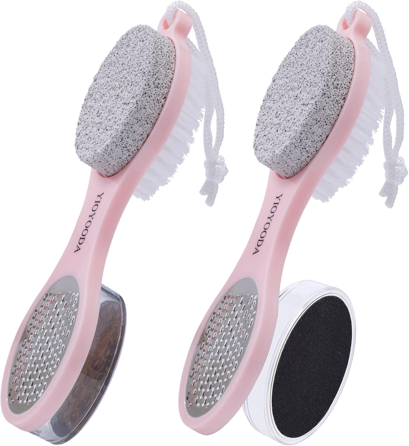 Foot File Callus Remover 5-in-1, 2 Pcs Feet Scraper Pedicure Tools with Pumice Stone, Scrubber Brush, Stainless Steel Foot Rasp and Sand Paper Debris Catcher, Multi Purpose, Cyan