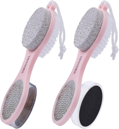 Foot File Callus Remover 5-in-1, 2 Pcs Feet Scraper Pedicure Tools with Pumice Stone, Scrubber Brush, Stainless Steel Foot Rasp and Sand Paper Debris Catcher, Multi Purpose, Cyan